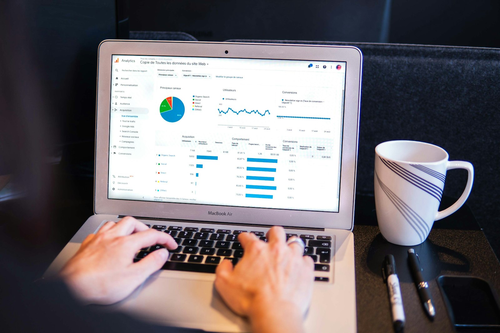 Reviewing website analytics on a laptop